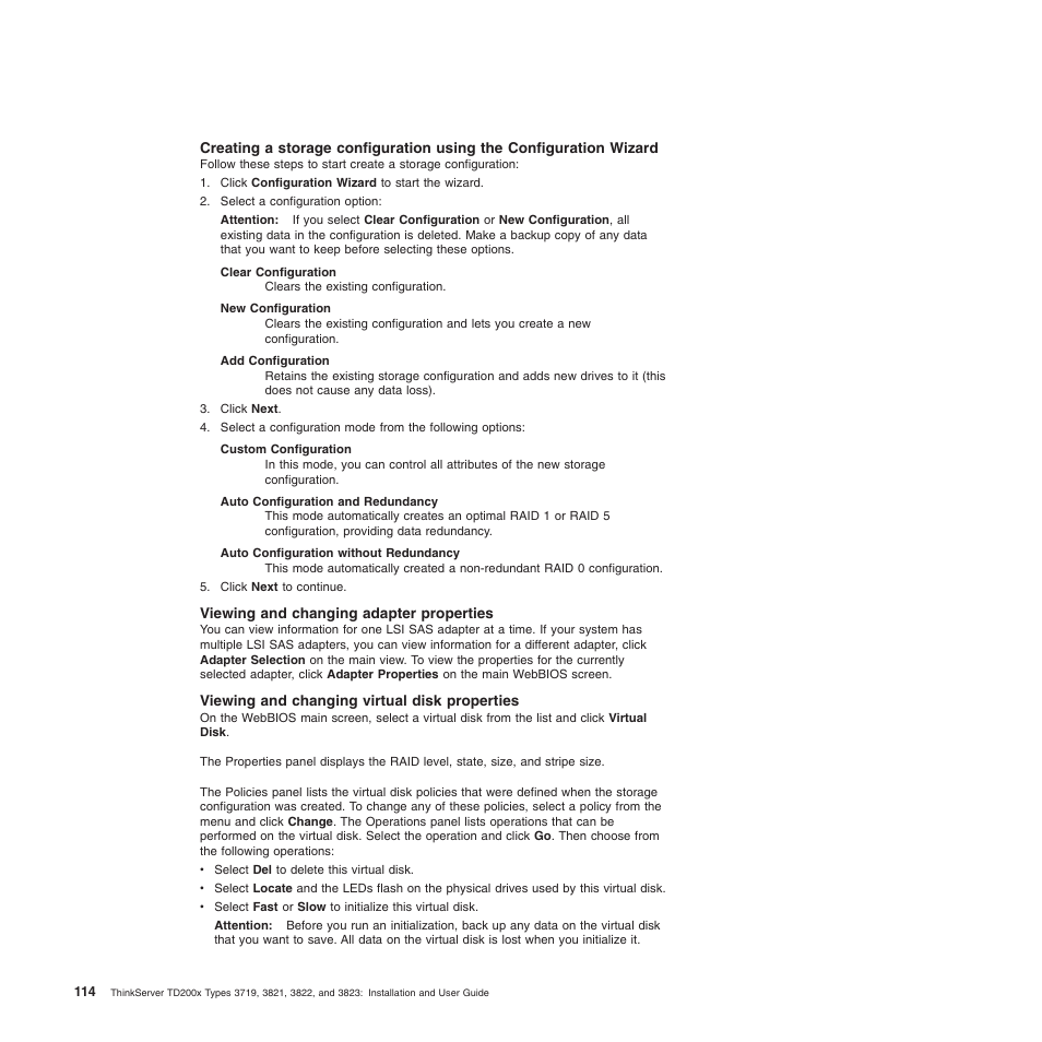 Viewing and changing adapter properties, Viewing and changing virtual disk properties | Lenovo ThinkServer TD200x User Manual | Page 130 / 214