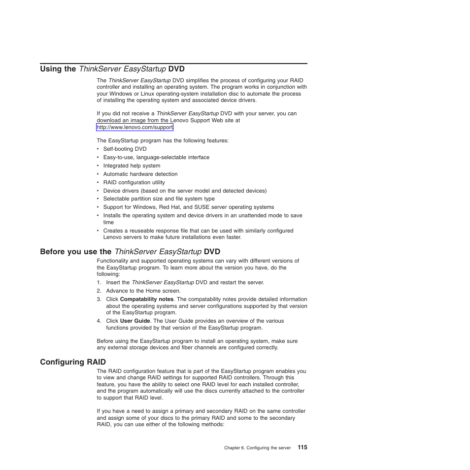 Using the thinkserver easystartup dvd, Before you use the thinkserver easystartup dvd, Configuring raid | Lenovo ThinkServer TD200x User Manual | Page 131 / 214