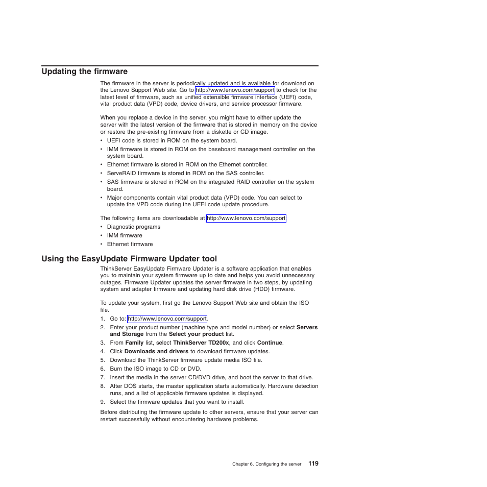 Updating the firmware, Using the easyupdate firmware updater tool | Lenovo ThinkServer TD200x User Manual | Page 135 / 214