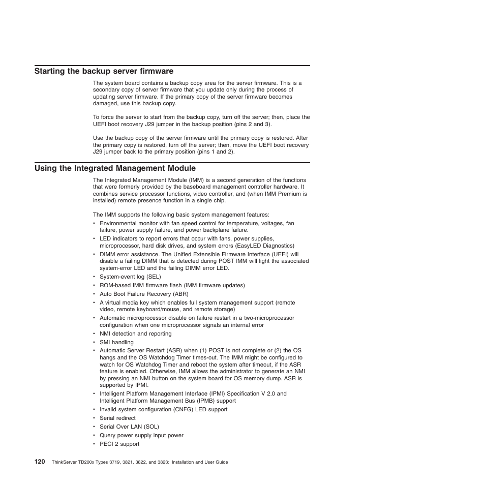 Starting the backup server firmware, Using the integrated management module | Lenovo ThinkServer TD200x User Manual | Page 136 / 214