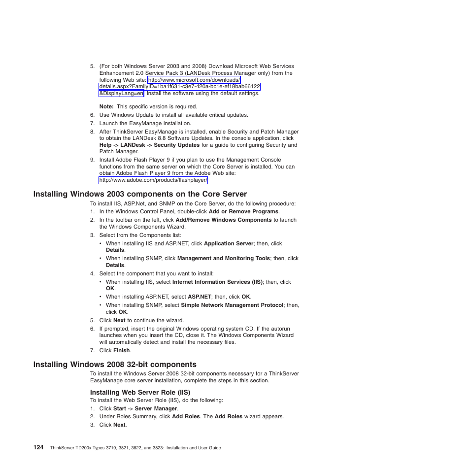 Installing windows 2008 32-bit components, Installing web server role (iis) | Lenovo ThinkServer TD200x User Manual | Page 140 / 214