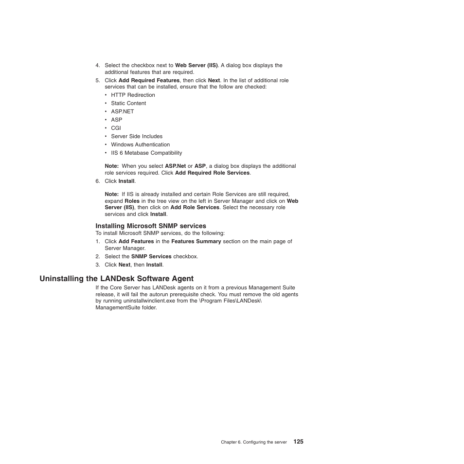 Installing microsoft snmp services, Uninstalling the landesk software agent | Lenovo ThinkServer TD200x User Manual | Page 141 / 214