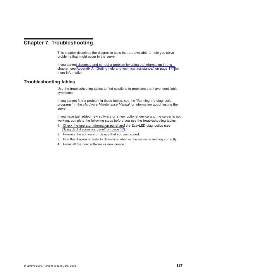 Chapter 7. troubleshooting, Troubleshooting tables, Chapter 7. troubleshooting troubleshooting tables | Lenovo ThinkServer TD200x User Manual | Page 143 / 214