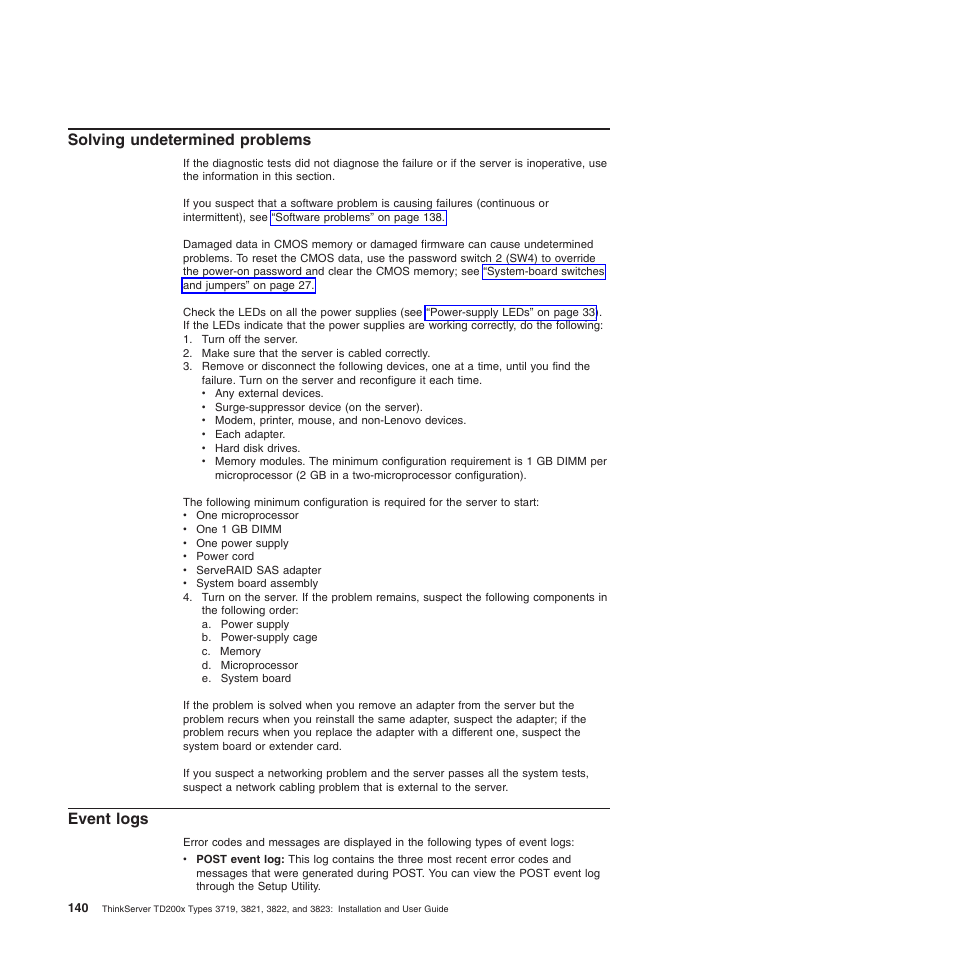 Solving undetermined problems, Event logs, Solving undetermined problems event logs | Lenovo ThinkServer TD200x User Manual | Page 156 / 214