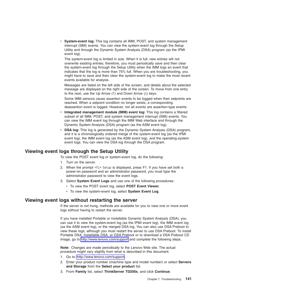 Viewing event logs through the setup utility, Viewing event logs without restarting the server | Lenovo ThinkServer TD200x User Manual | Page 157 / 214