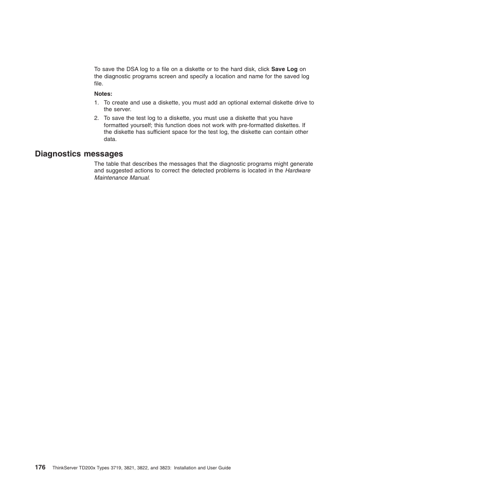 Diagnostics messages | Lenovo ThinkServer TD200x User Manual | Page 192 / 214