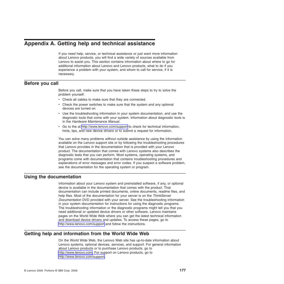 Appendix a. getting help and technical assistance, Before you call, Using the documentation | Lenovo ThinkServer TD200x User Manual | Page 193 / 214