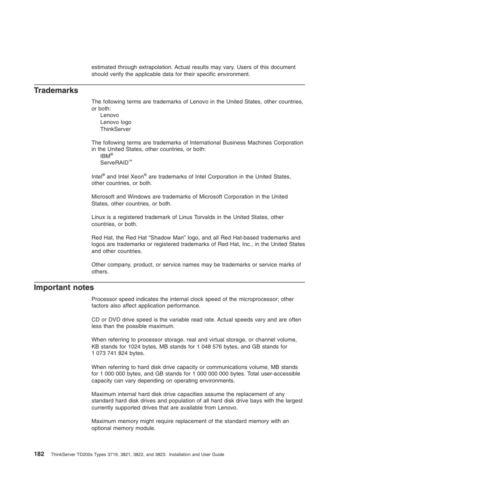 Trademarks, Important notes, Trademarks important notes | Lenovo ThinkServer TD200x User Manual | Page 198 / 214