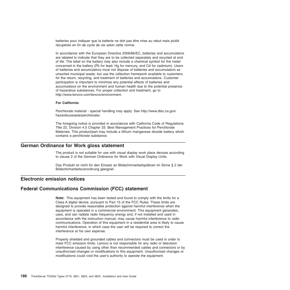 German ordinance for work gloss statement, Electronic emission notices, Federal communications commission (fcc) statement | Lenovo ThinkServer TD200x User Manual | Page 202 / 214