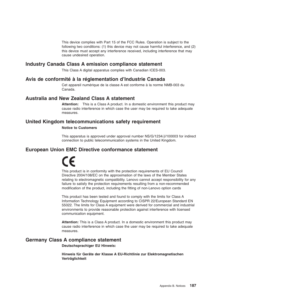 Australia and new zealand class a statement, European union emc directive conformance statement, Germany class a compliance statement | Lenovo ThinkServer TD200x User Manual | Page 203 / 214