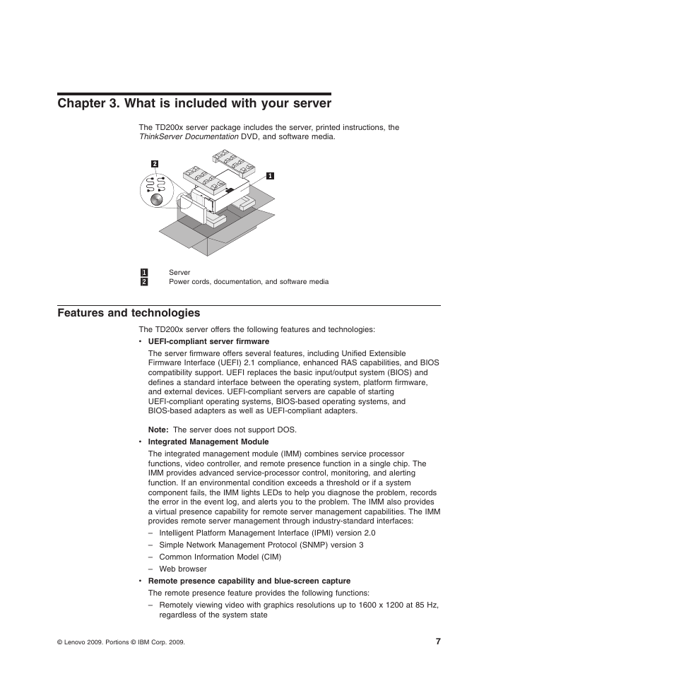 Chapter 3. what is included with your server, Features and technologies | Lenovo ThinkServer TD200x User Manual | Page 23 / 214
