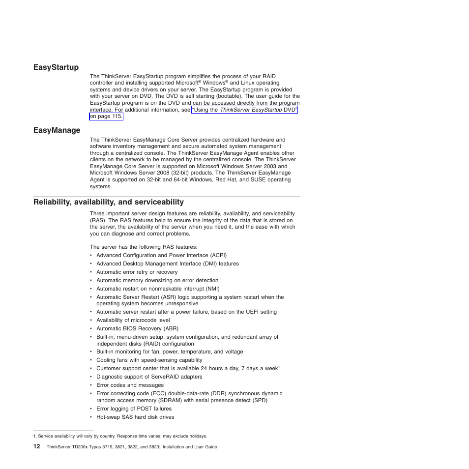 Easystartup, Easymanage, Reliability, availability, and serviceability | Easystartup easymanage | Lenovo ThinkServer TD200x User Manual | Page 28 / 214