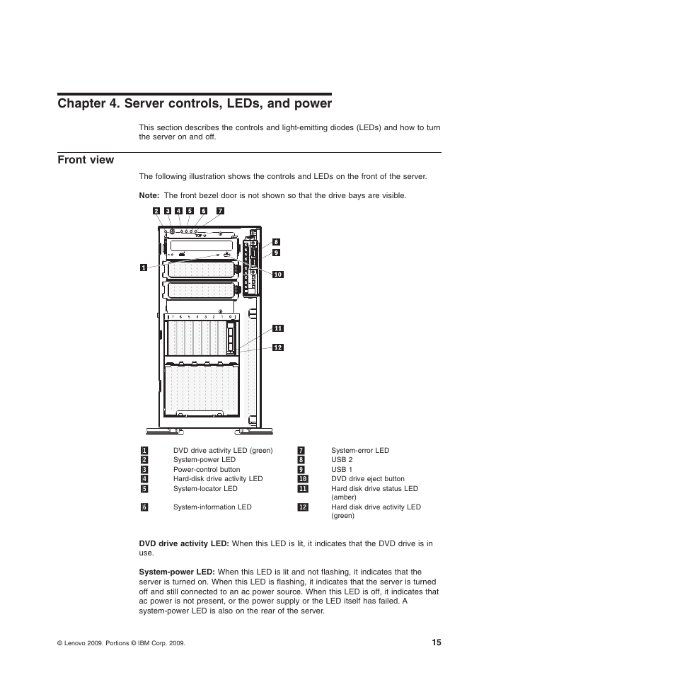 Chapter 4. server controls, leds, and power, Front view | Lenovo ThinkServer TD200x User Manual | Page 31 / 214