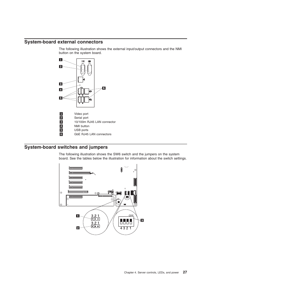 System-board external connectors, System-board switches and jumpers | Lenovo ThinkServer TD200x User Manual | Page 43 / 214