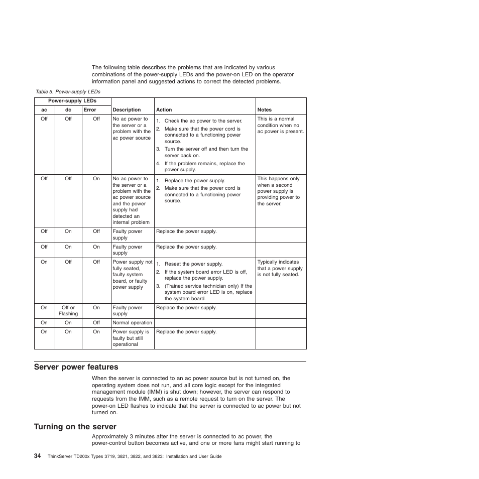 Server power features, Turning on the server | Lenovo ThinkServer TD200x User Manual | Page 50 / 214