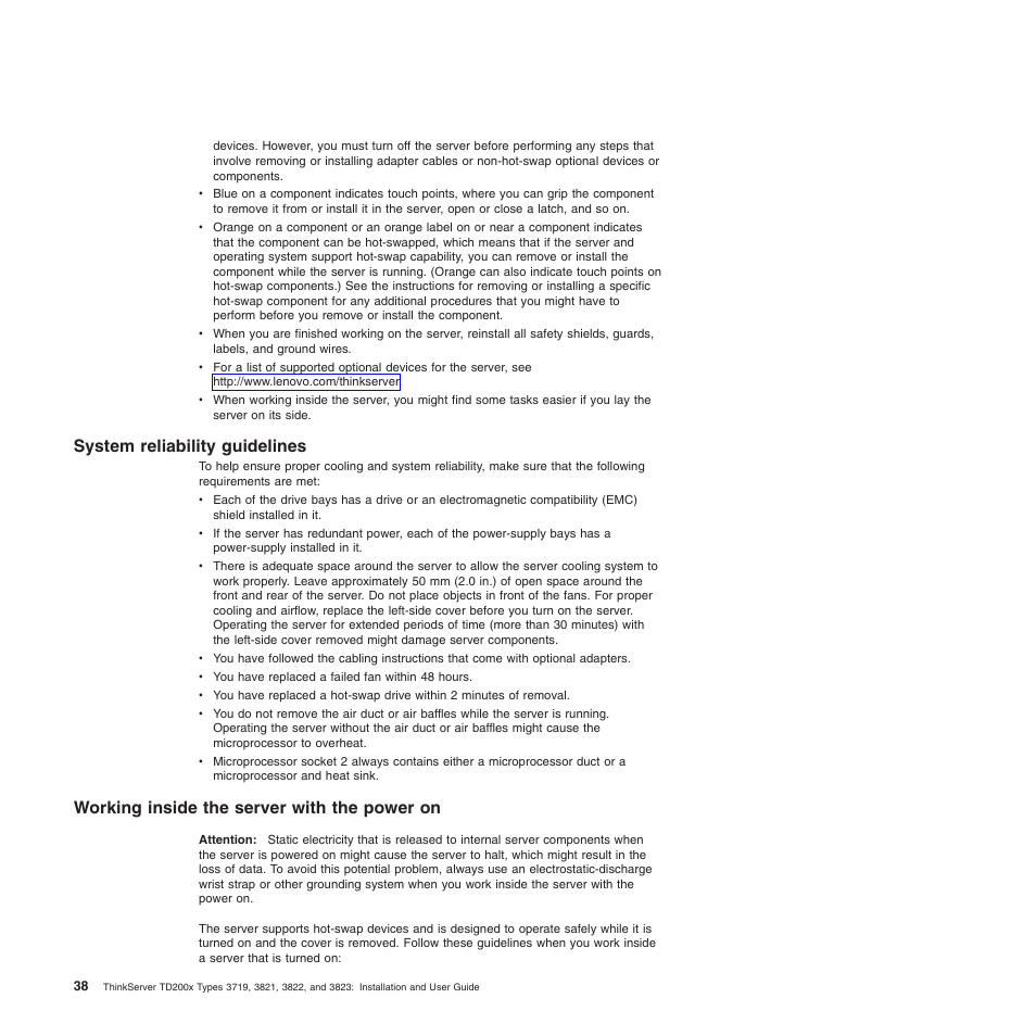 System reliability guidelines, Working inside the server with the power on | Lenovo ThinkServer TD200x User Manual | Page 54 / 214