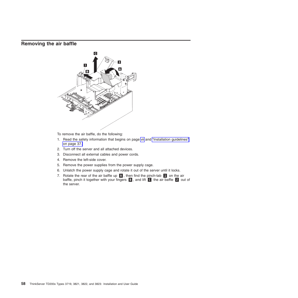 Removing the air baffle | Lenovo ThinkServer TD200x User Manual | Page 74 / 214