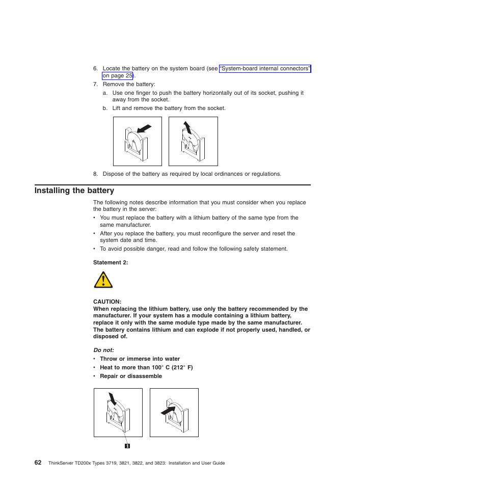 Installing the battery | Lenovo ThinkServer TD200x User Manual | Page 78 / 214