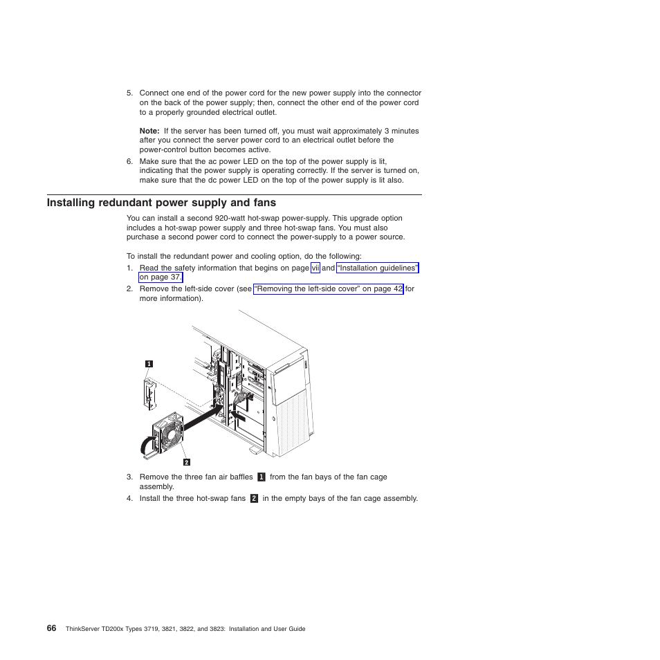 Installing redundant power supply and fans | Lenovo ThinkServer TD200x User Manual | Page 82 / 214