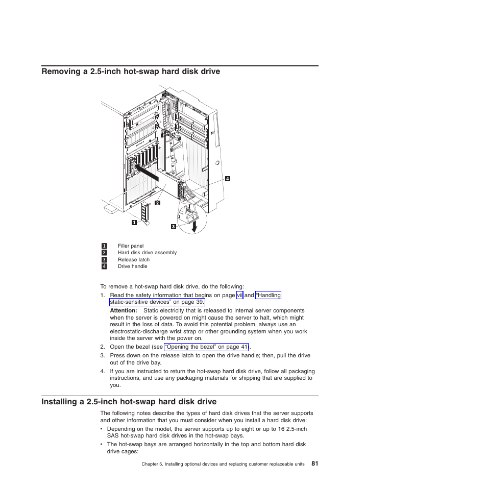 Removing a 2.5-inch hot-swap hard disk drive, Installing a 2.5-inch hot-swap hard disk drive | Lenovo ThinkServer TD200x User Manual | Page 97 / 214