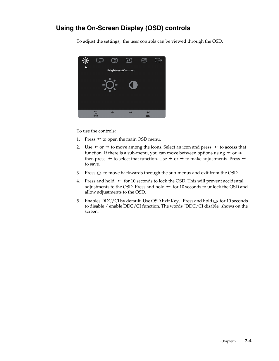 Using the on-screen display (osd) controls, Using the on-screen display (osd) controls -4 | Lenovo ThinkVision LT2024 20 inch LED Backlit LCD Monitor User Manual | Page 15 / 36
