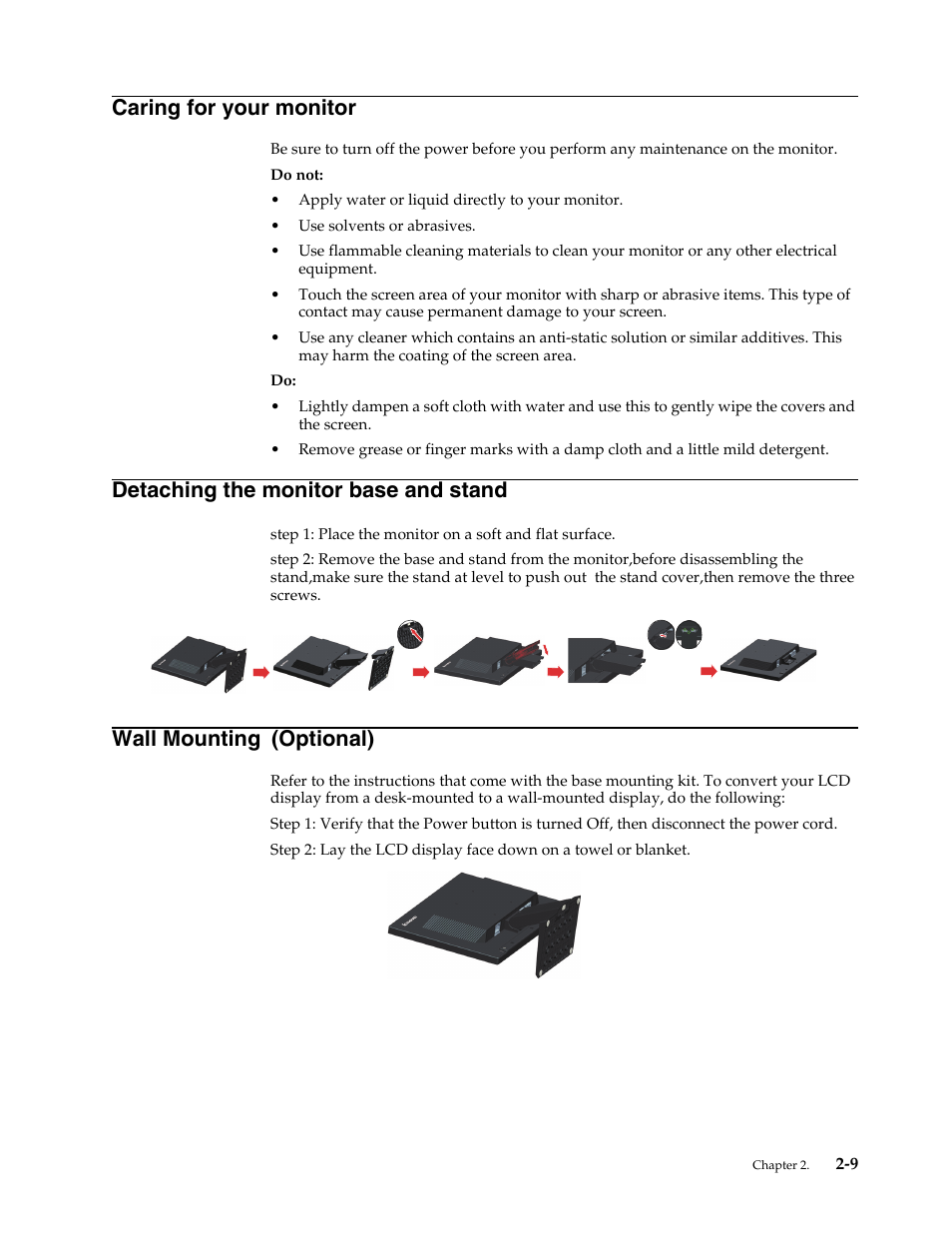 Caring for your monitor, Detaching the monitor base and stand, Wall mounting (optional) | Detaching the monitor base and stand -10, Wall mounting | Lenovo ThinkVision LT2024 20 inch LED Backlit LCD Monitor User Manual | Page 20 / 36