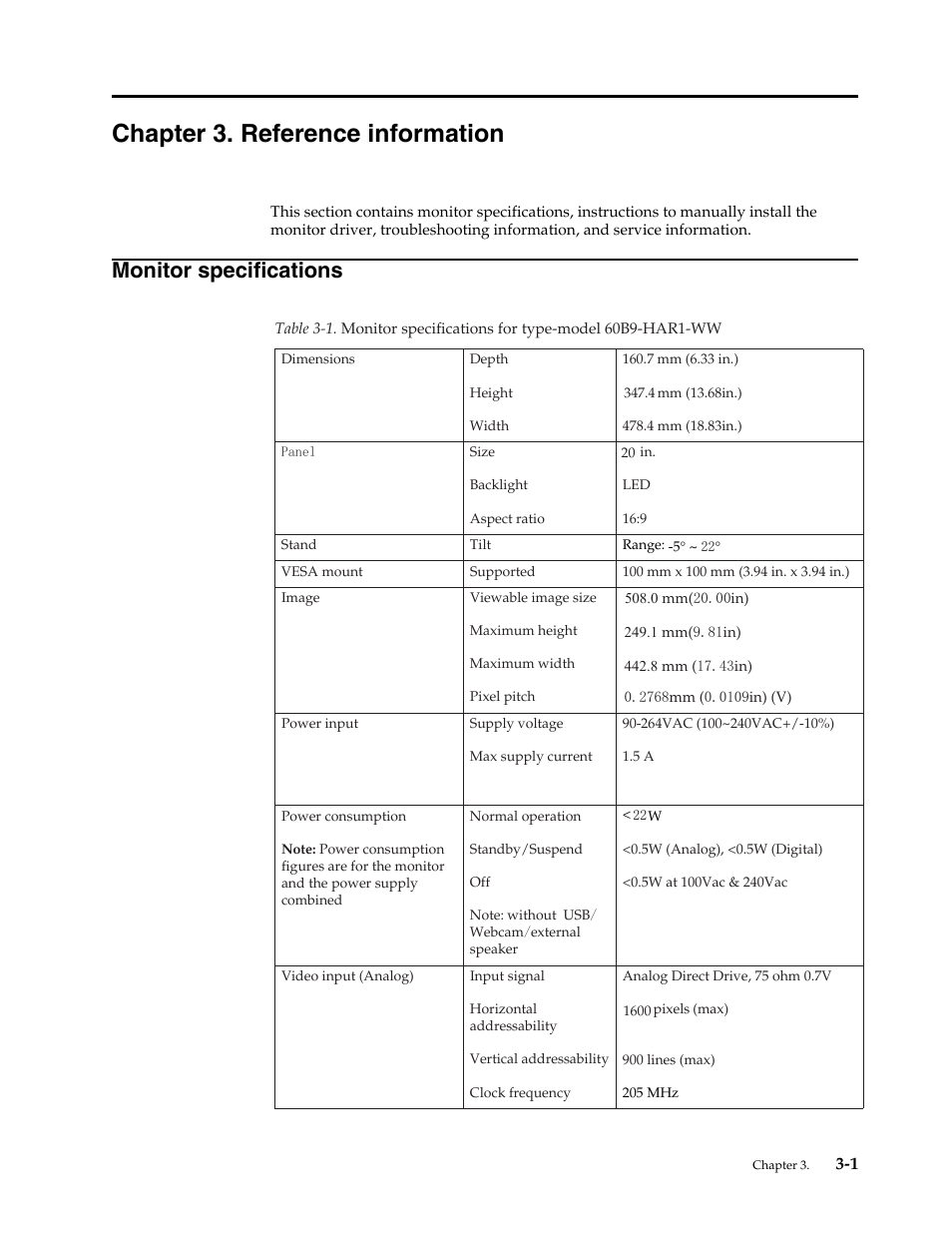 Chapter 3. reference information, Monitor specifications, Chapter 3 | Refe, Monitor specifications -1 | Lenovo ThinkVision LT2024 20 inch LED Backlit LCD Monitor User Manual | Page 22 / 36