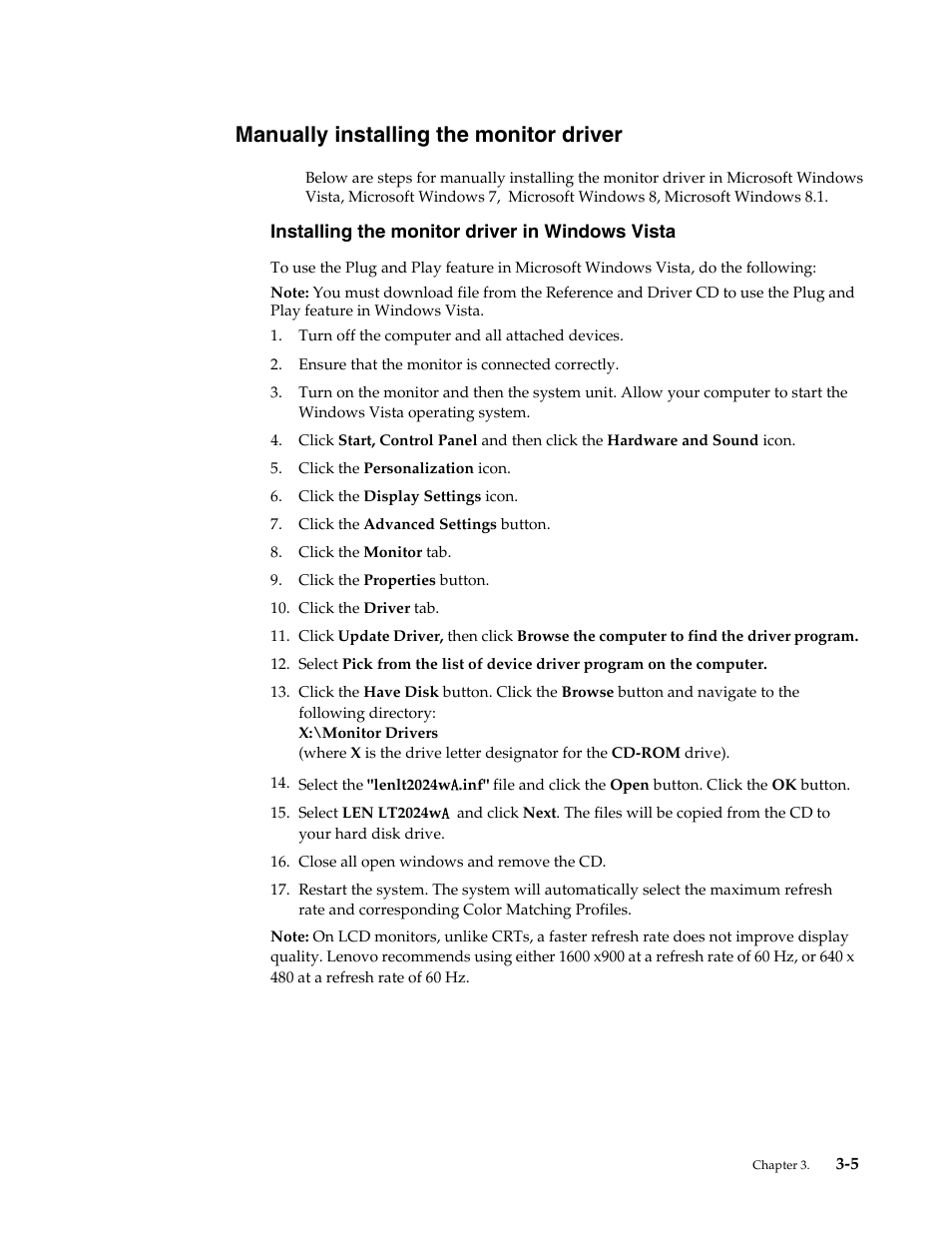 Manually installing the monitor driver, Installing the monitor driver in windows vista, Manually installing the monitor driver -5 | Installing the monitor driver in windows vista -5 | Lenovo ThinkVision LT2024 20 inch LED Backlit LCD Monitor User Manual | Page 26 / 36