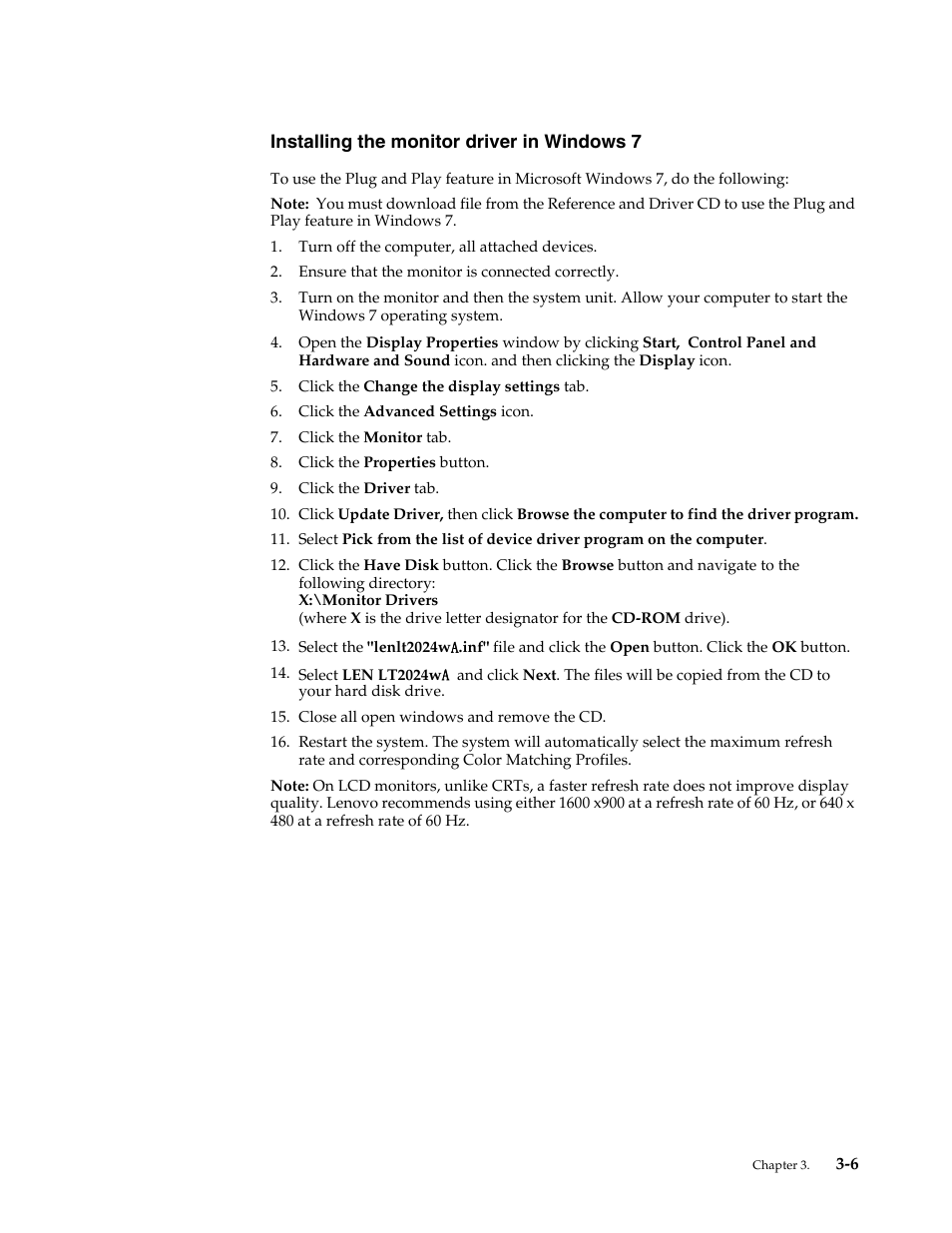 Installing the monitor driver in windows 7, Installing the monitor driver in windows 7 -6 | Lenovo ThinkVision LT2024 20 inch LED Backlit LCD Monitor User Manual | Page 27 / 36