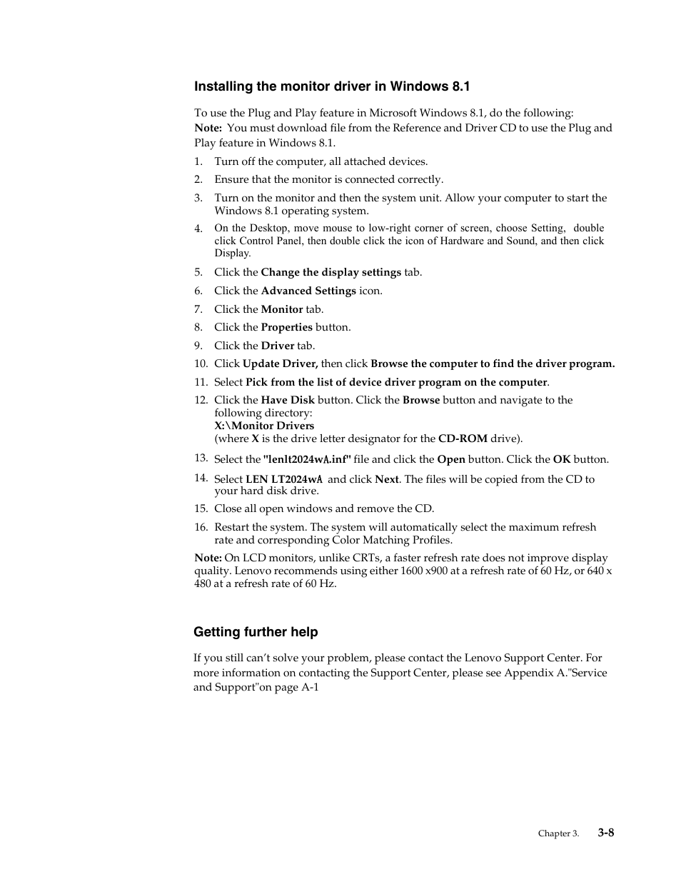 Installing the monitor driver in windows 8.1, Getting further help, Installing the monitor driver in windows 8.1 -8 | Getting further help -8 | Lenovo ThinkVision LT2024 20 inch LED Backlit LCD Monitor User Manual | Page 29 / 36