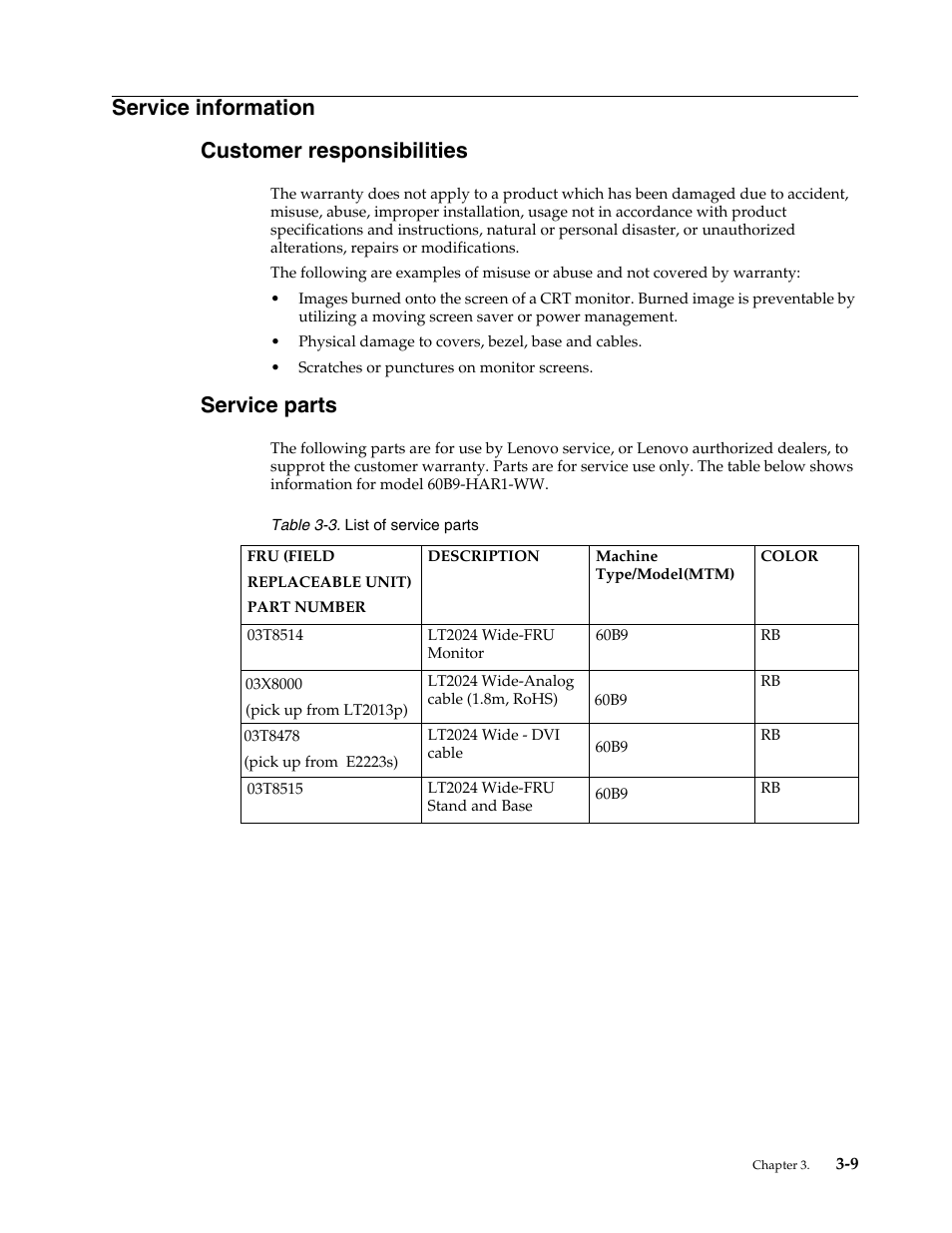 Service information, Customer responsibilities, Service parts | Service information -9, Customer responsibilities -9, Service parts -9, Service information customer responsibilities | Lenovo ThinkVision LT2024 20 inch LED Backlit LCD Monitor User Manual | Page 30 / 36