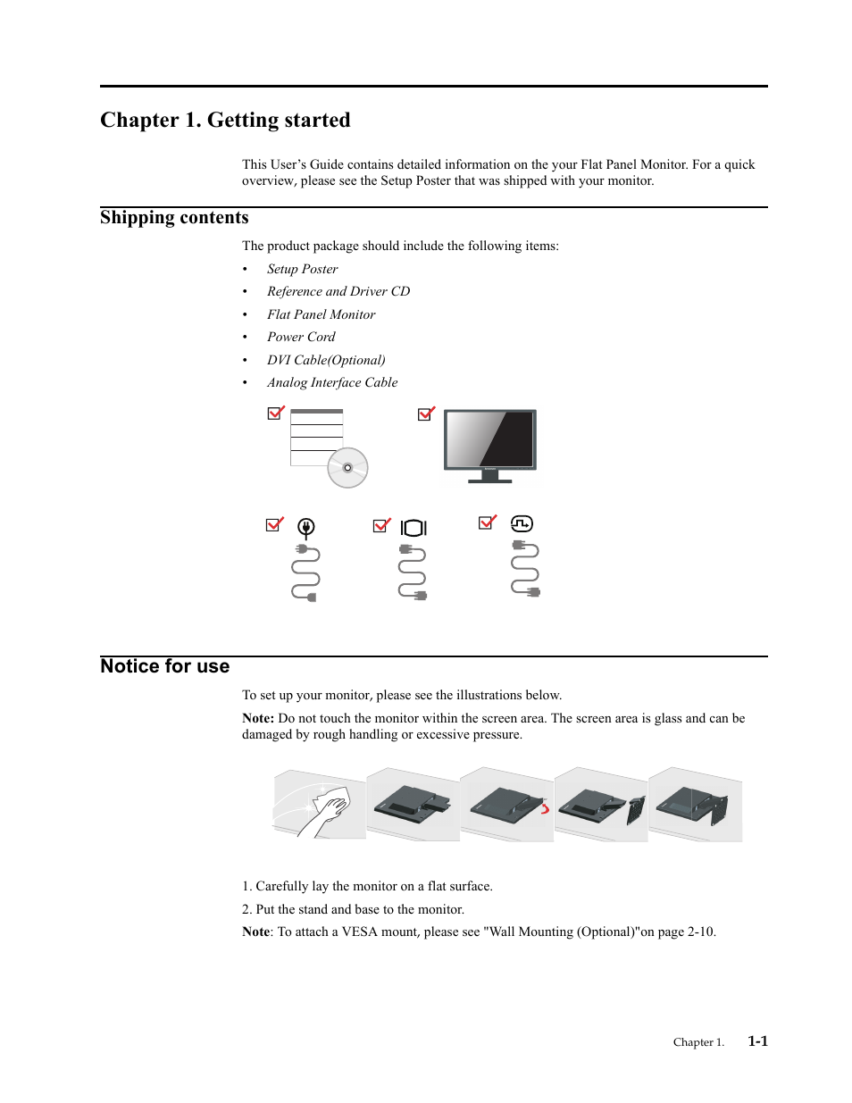 Chapter 1. getting started, Shipping contents, Notice for use | Chapter 1. getting, Shipping contents -1, Notice for use -1 | Lenovo ThinkVision LT2024 20 inch LED Backlit LCD Monitor User Manual | Page 5 / 36
