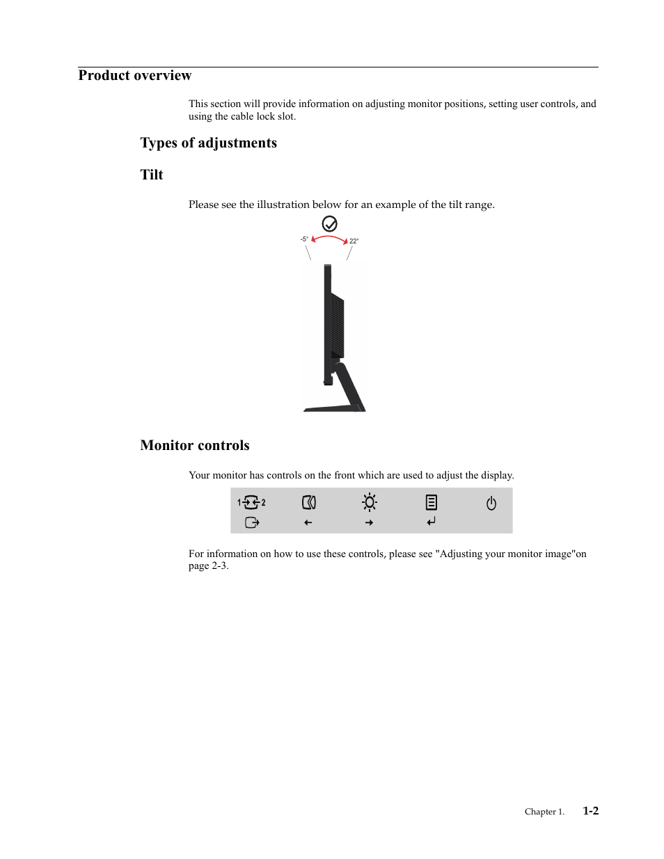 Product overview, Types of adjustments, Tilt | Monitor controls, Product overview -2, Types of adjustments -2, Tilt -2, Monitor controls -2, Types of adjustments tilt | Lenovo ThinkVision LT2024 20 inch LED Backlit LCD Monitor User Manual | Page 6 / 36