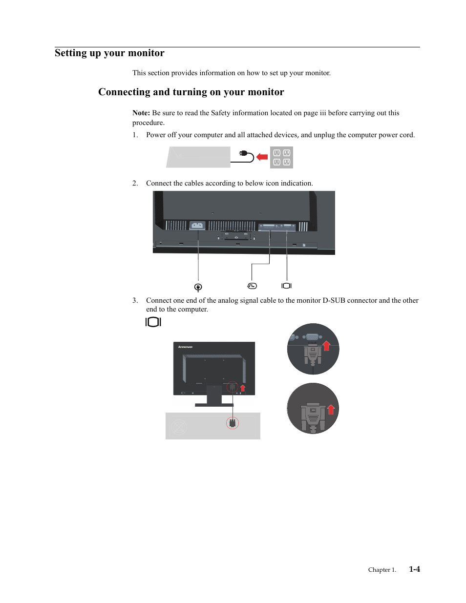 Setting up your monitor, Connecting and turning on your monitor, Setting up your monitor -4 | Connecting and turning on your monitor -4 | Lenovo ThinkVision LT2024 20 inch LED Backlit LCD Monitor User Manual | Page 8 / 36