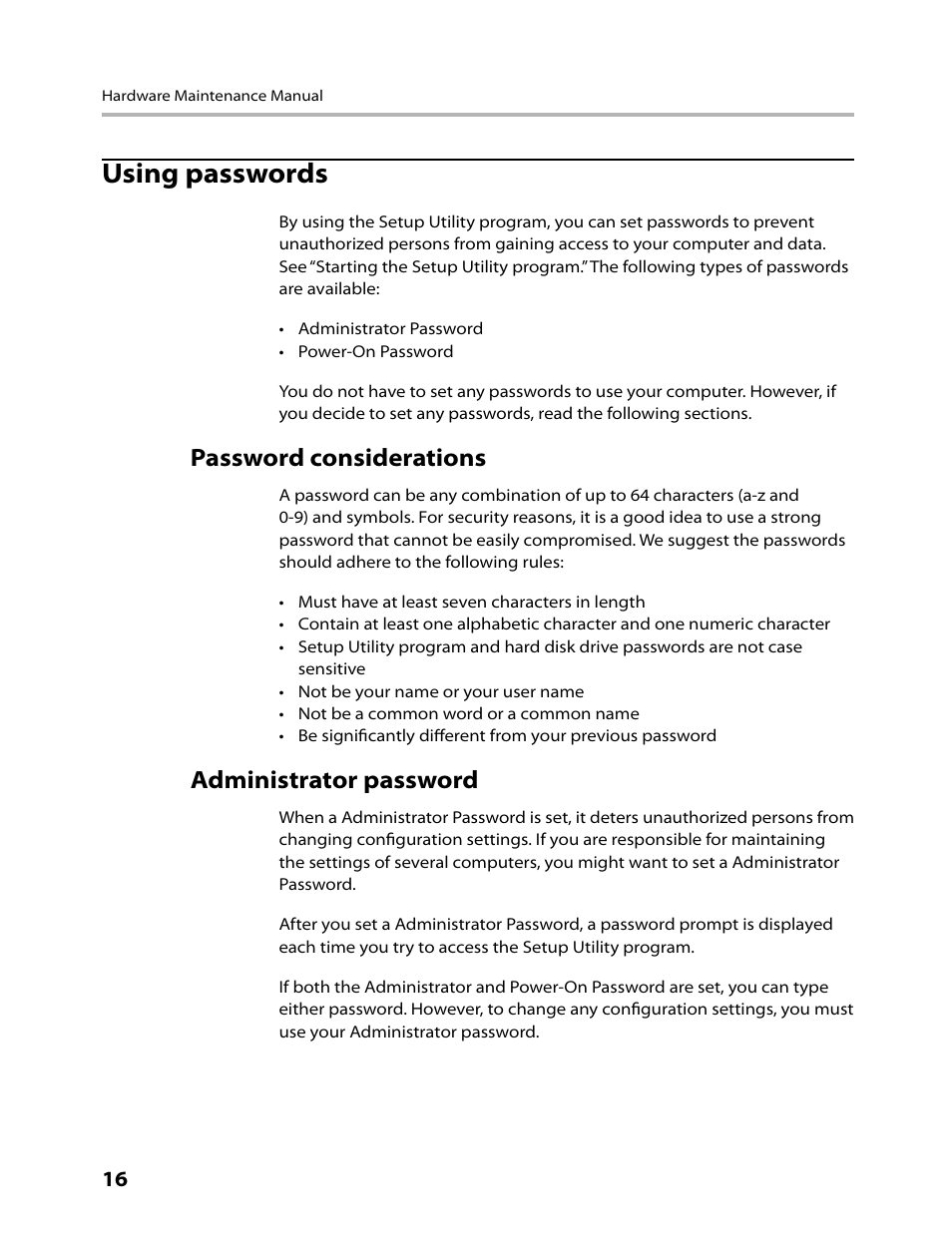 Using passwords, Password considerations, Administrator password | Lenovo IdeaCentre B305 User Manual | Page 18 / 64