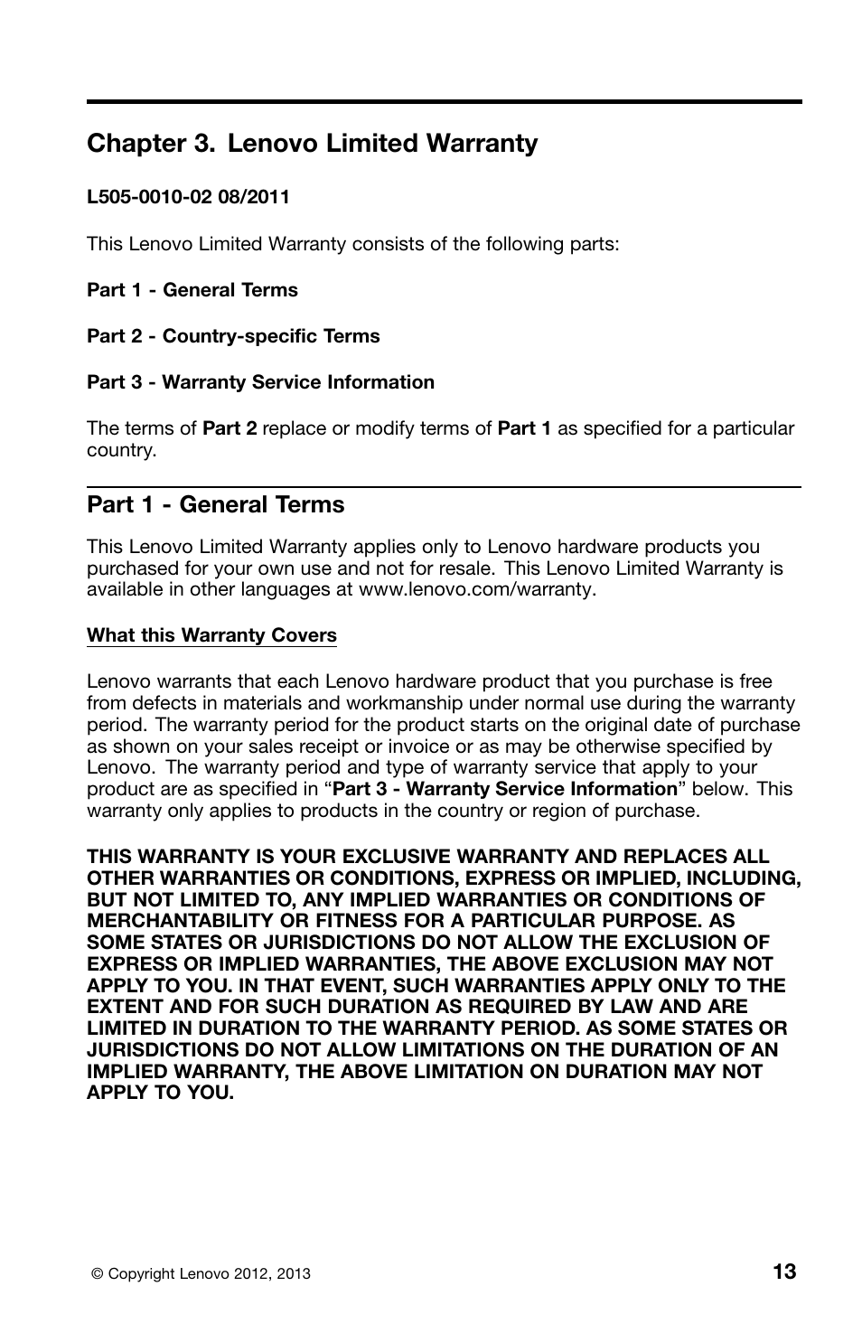 Chapter 3. lenovo limited warranty, Part 1 - general terms | Lenovo ThinkServer RD530 User Manual | Page 21 / 36