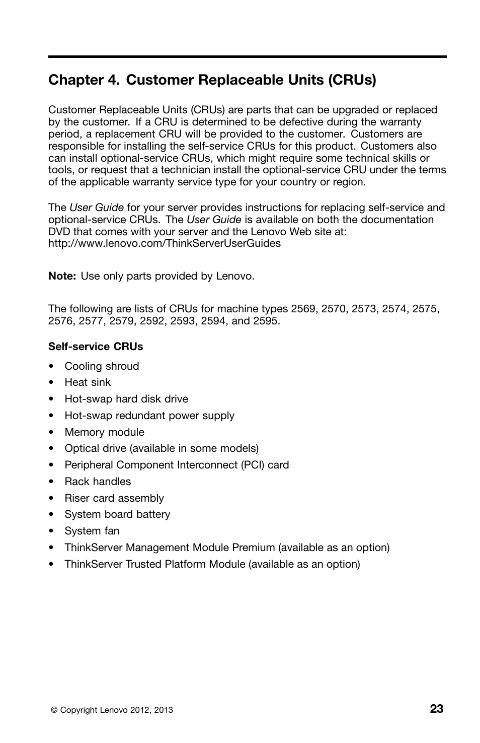 Chapter 4. customer replaceable units (crus) | Lenovo ThinkServer RD530 User Manual | Page 31 / 36