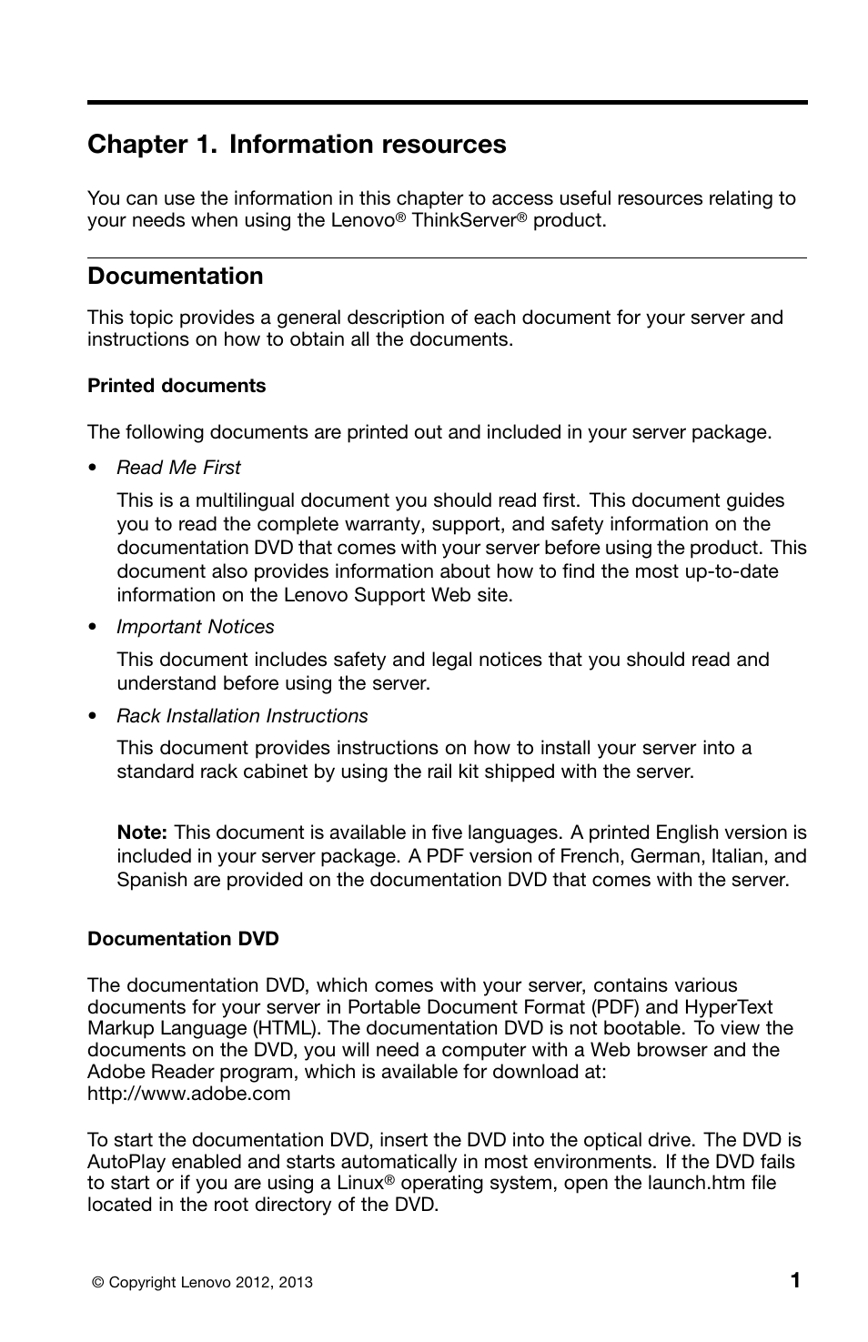 Chapter 1. information resources, Documentation | Lenovo ThinkServer RD530 User Manual | Page 9 / 36