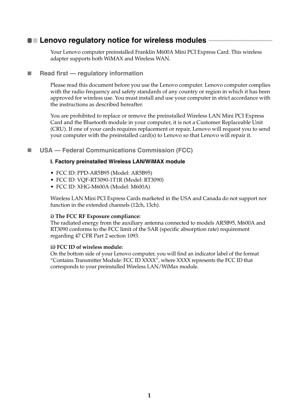 Lenovo regulatory notice for wireless modules | Lenovo IdeaPad S205s User Manual | Page 2 / 7