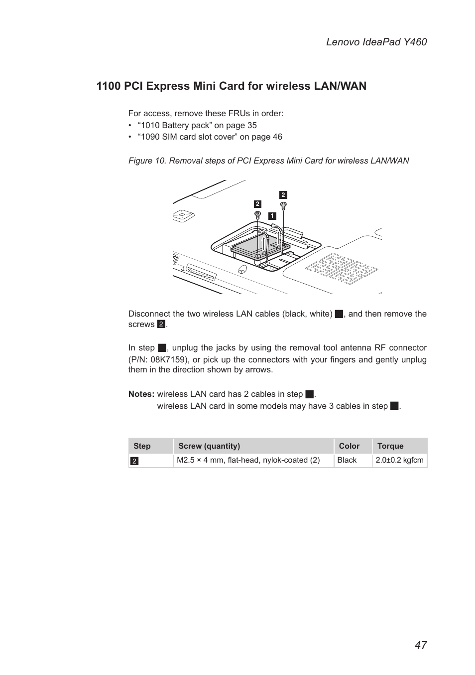 1100 pci express mini card for wireless lan/wan, 1100 pci express mini card for wireless, Lan/wan | Lenovo IdeaPad Y460 User Manual | Page 51 / 97