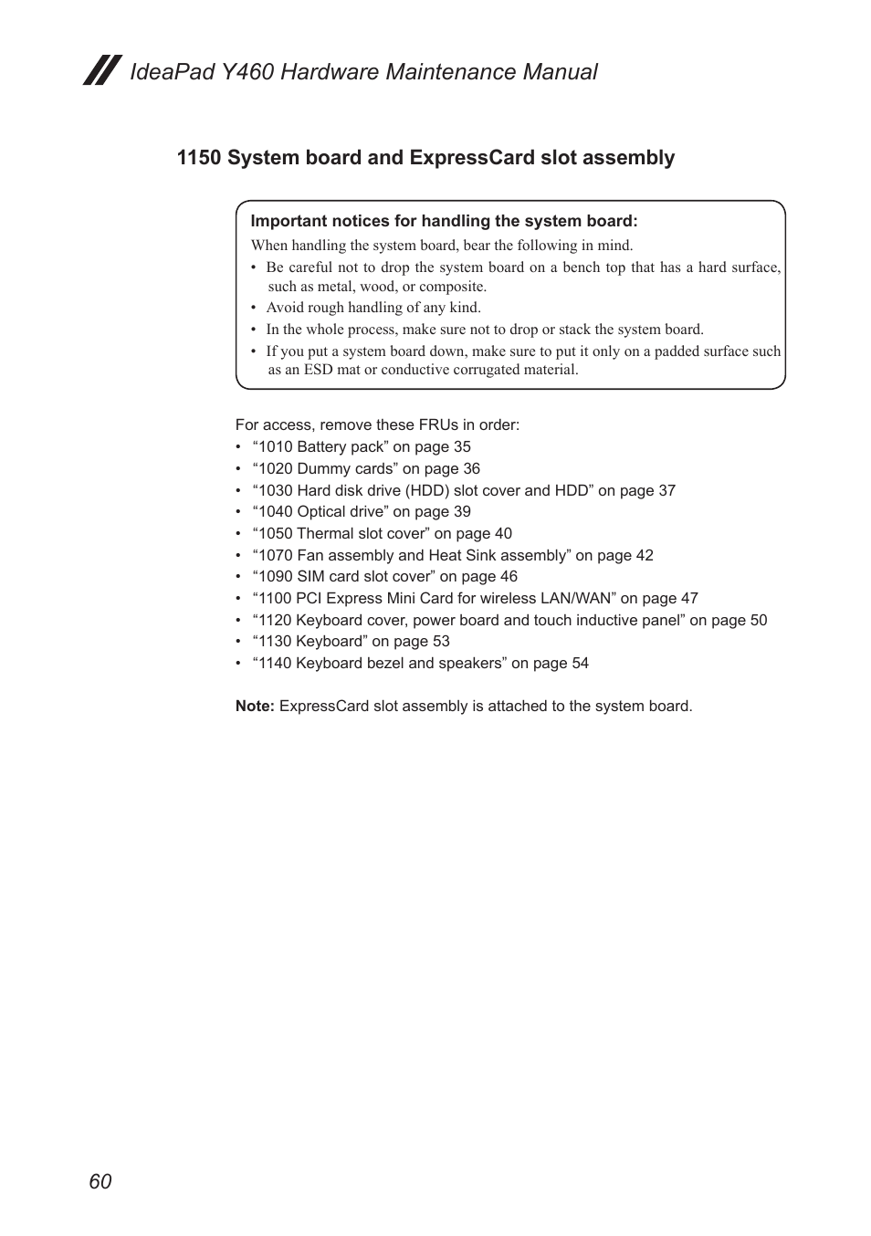 1150 system board and expresscard slot assembly, 1150 system board and expresscard slot, Assembly | Ideapad y460 hardware maintenance manual | Lenovo IdeaPad Y460 User Manual | Page 64 / 97