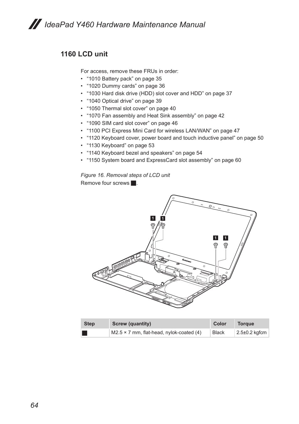 1160 lcd unit, Ideapad y460 hardware maintenance manual | Lenovo IdeaPad Y460 User Manual | Page 68 / 97