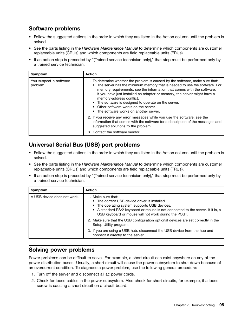 Software problems, Universal serial bus (usb) port problems, Solving power problems | Lenovo ThinkServer RD230 User Manual | Page 107 / 134