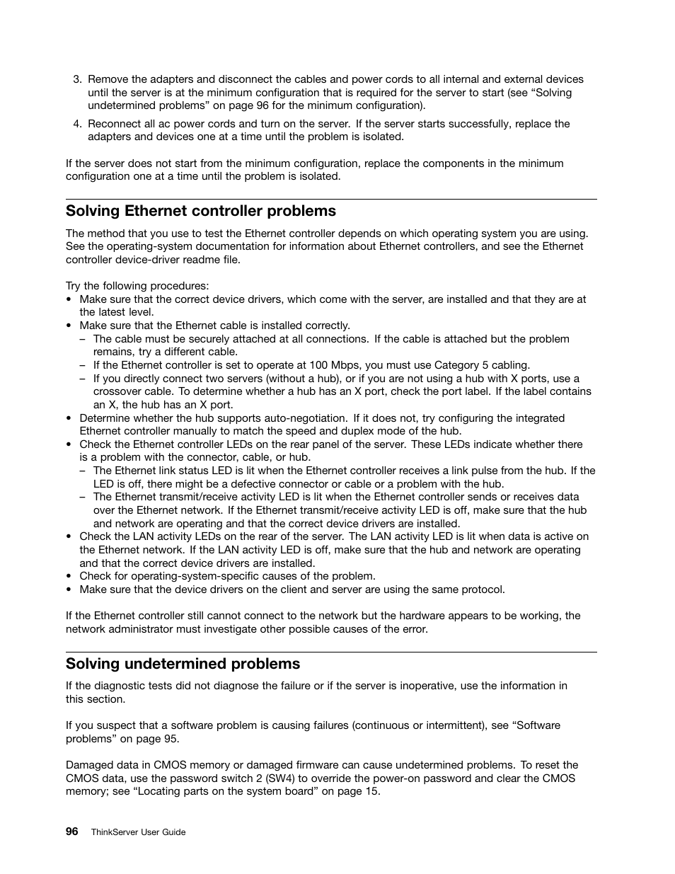 Solving ethernet controller problems, Solving undetermined problems | Lenovo ThinkServer RD230 User Manual | Page 108 / 134