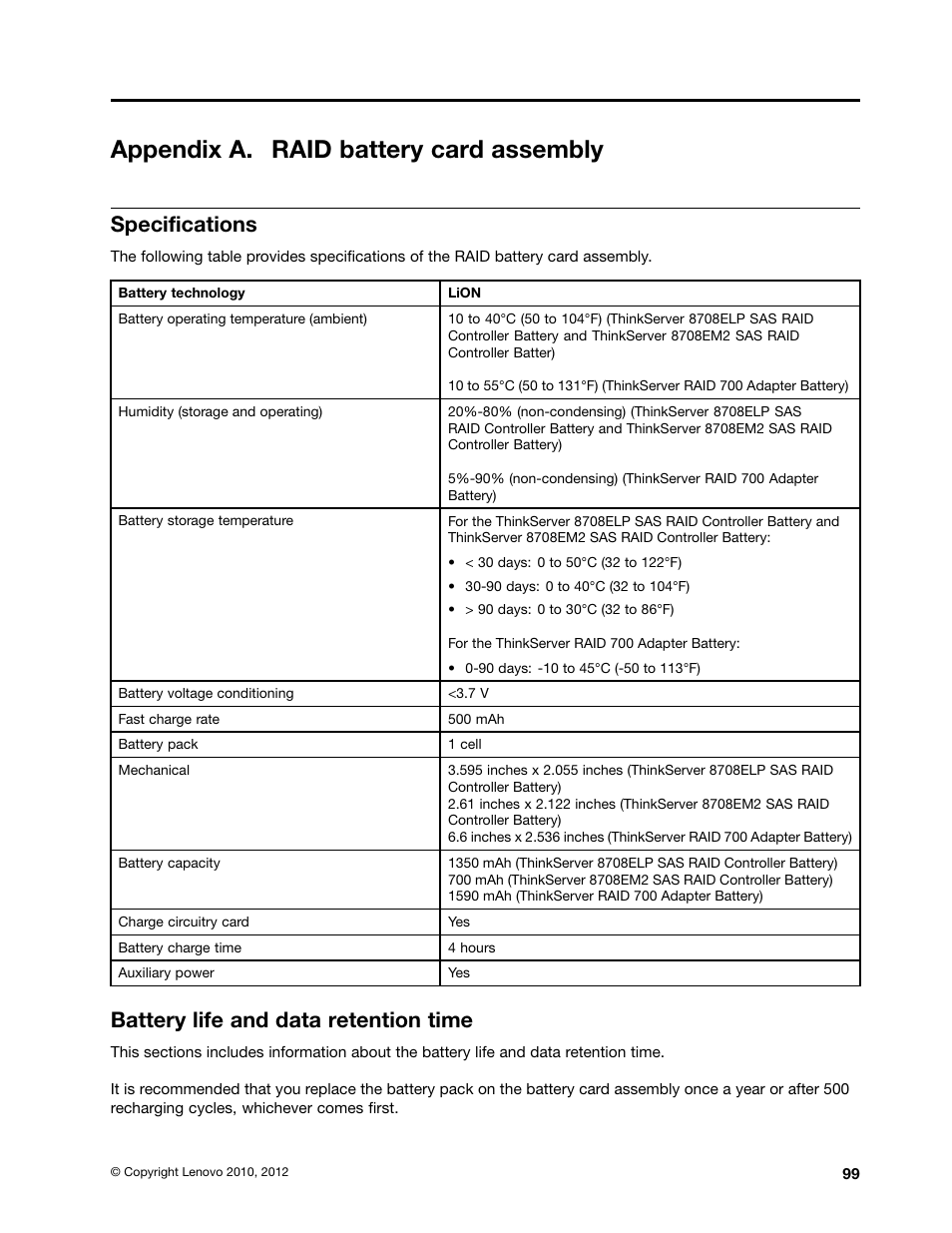 Appendix a. raid battery card assembly, Specifications, Battery life and data retention time | Lenovo ThinkServer RD230 User Manual | Page 111 / 134