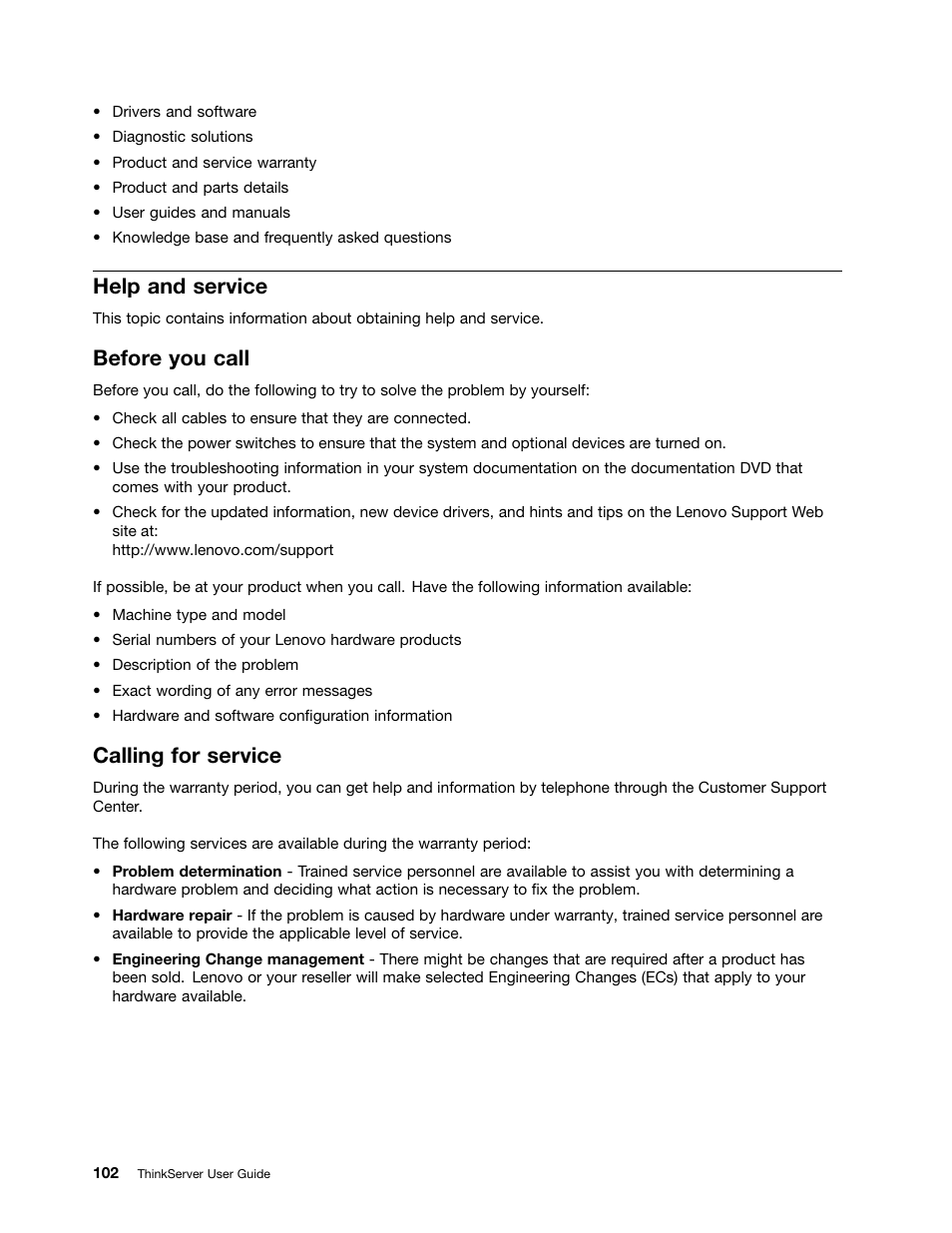 Help and service, Before you call, Calling for service | Lenovo ThinkServer RD230 User Manual | Page 114 / 134