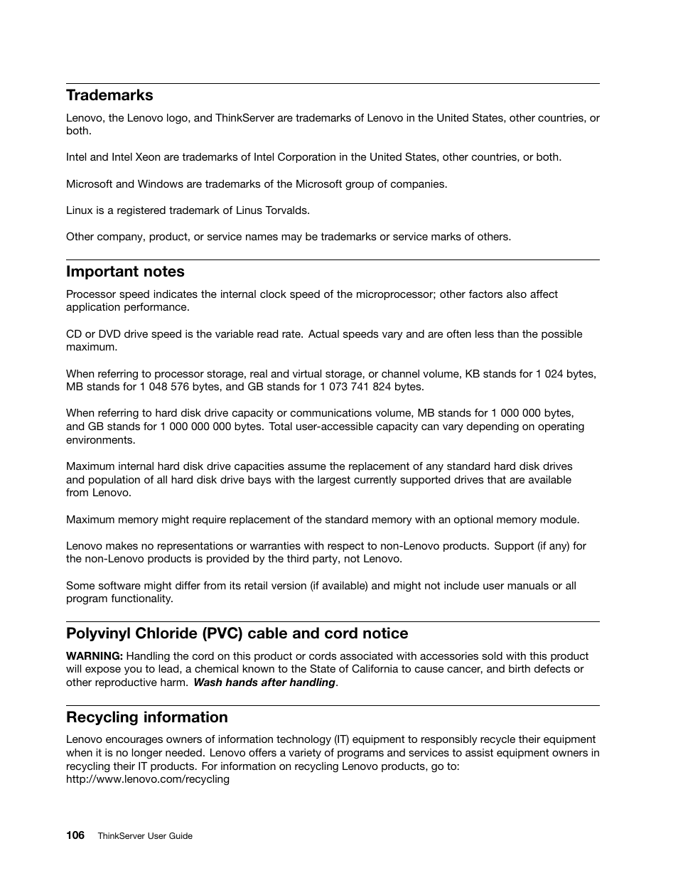 Trademarks, Important notes, Polyvinyl chloride (pvc) cable and cord notice | Recycling information | Lenovo ThinkServer RD230 User Manual | Page 118 / 134