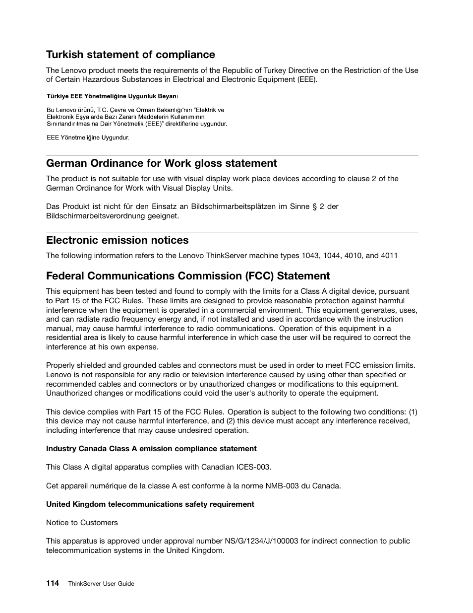 Turkish statement of compliance, German ordinance for work gloss statement, Electronic emission notices | Federal communications commission (fcc) statement | Lenovo ThinkServer RD230 User Manual | Page 126 / 134