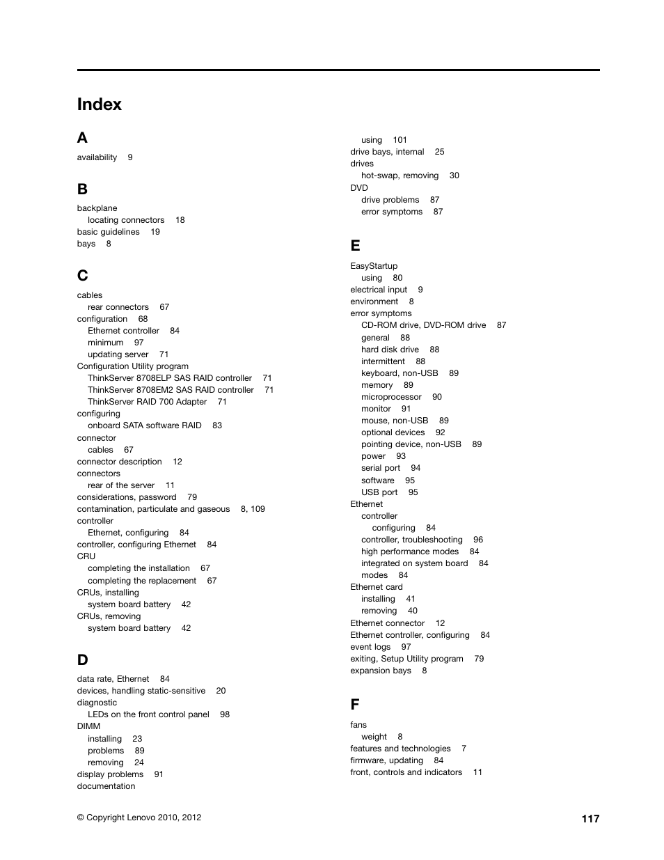 Index | Lenovo ThinkServer RD230 User Manual | Page 129 / 134