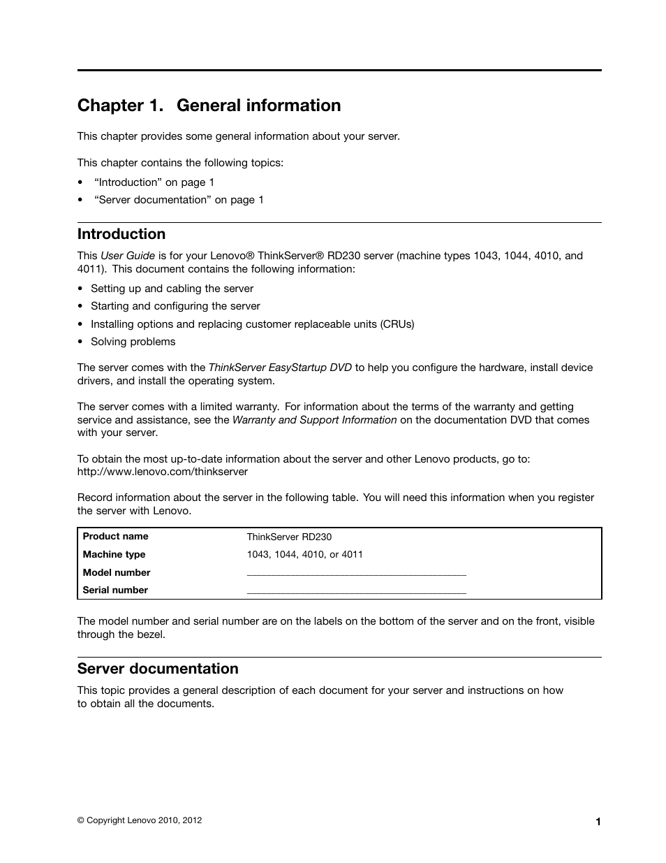 Chapter 1. general information, Introduction, Server documentation | Lenovo ThinkServer RD230 User Manual | Page 13 / 134